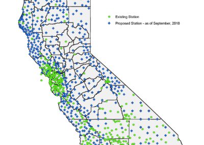 A map of California depicting all current and proposed seismic monitoring stations in the state as of September, 2018